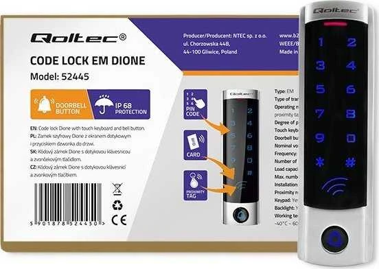 QOLTEC 52445 Kodinė spyna DIONE su RFID skaitytuvu Kodų kortelės rakto pakabukas Durų skambučio mygtukas IP68 EM