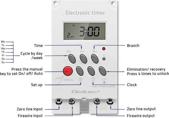 QOLTEC 50629 Elektroninis laikmatis PC0629 DIN bėgiui / LCD