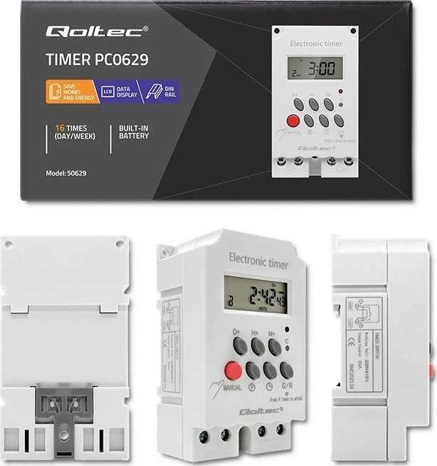 QOLTEC 50629 Elektroninis laikmatis PC0629 DIN bėgiui / LCD