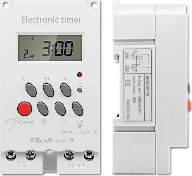 QOLTEC 50629 Elektroninis laikmatis PC0629 DIN bėgiui / LCD