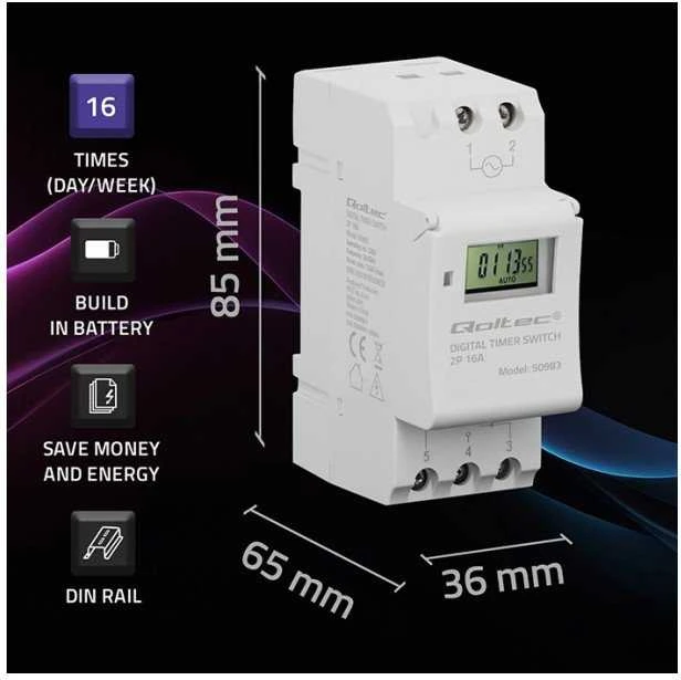 „Qoltec Elektroninis TIMER“ laikmatis DIN bėgeliui su įmontuota baterija | 7 dienų tvarkaraštis | 16 programų