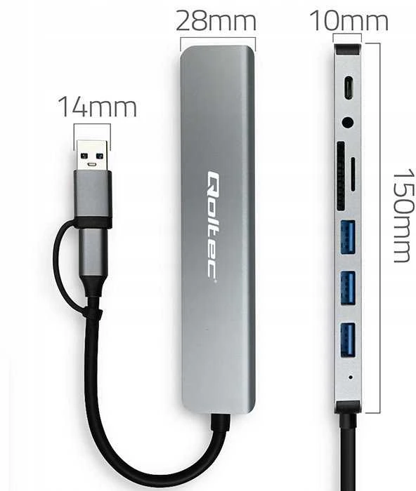 „Qoltec“ šakotuvas 8in1 USB C USB, USB C 4xUSB SD TF kortelių lizdas