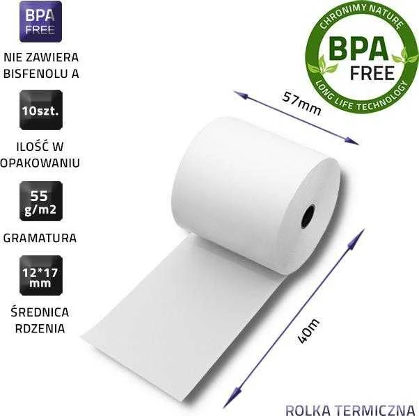 QOLTEC 51897 Terminis rulonas 57 x 40 55g / m2 10 vnt. Būkite BPA