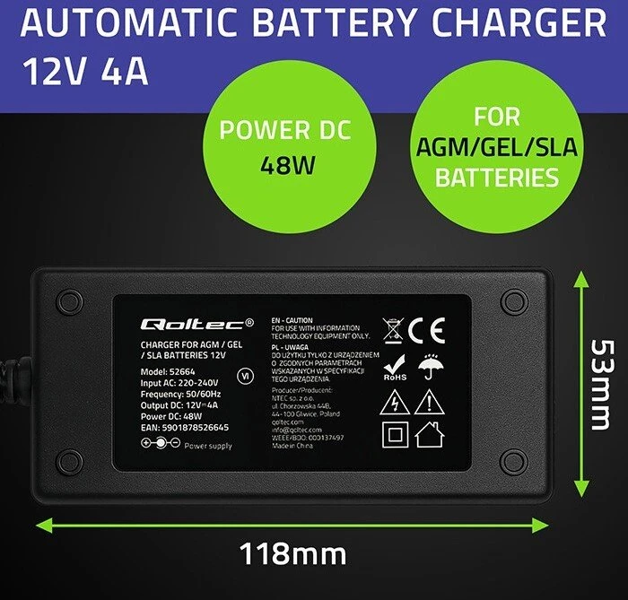 Qoltec Automatinis 12V 4A AGM GEL baterijų įkroviklis su LED ir 1.8m kabeliu