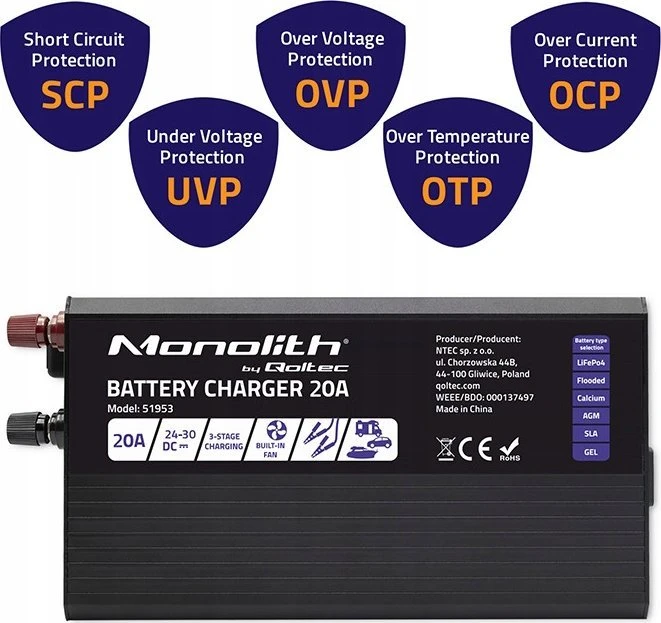 Qoltec Intelligent kroviklis Monolith LiFePO4 AGM GEL SLA akumuliatoriams | 20A | 24V