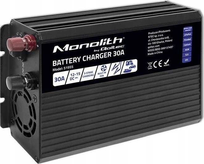 QOLTEC 51955 Smart Monolith įkroviklis LiFePO4 AGM GEL SLA akumuliatoriams / 30A / 12V