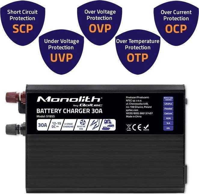 QOLTEC 51955 Smart Monolith įkroviklis LiFePO4 AGM GEL SLA akumuliatoriams / 30A / 12V