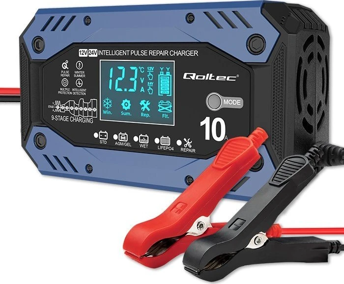 Qoltec 52482 vehicle battery charger 12/24 V Juodas, Mėlyna