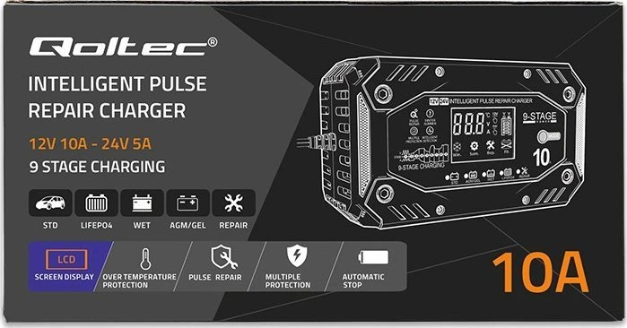 Qoltec 52482 vehicle battery charger 12/24 V Juodas, Mėlyna