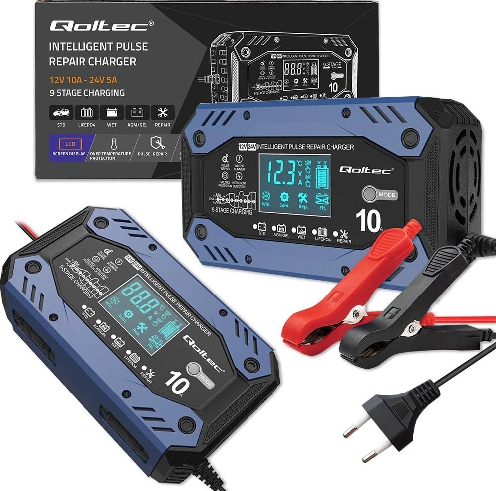 Qoltec 52482 vehicle battery charger 12/24 V Juodas, Mėlyna