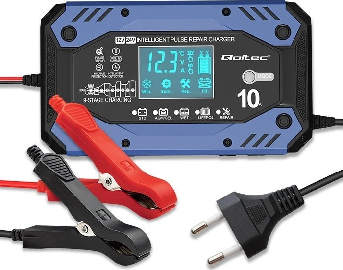 Qoltec 52482 vehicle battery charger 12/24 V Juodas, Mėlyna