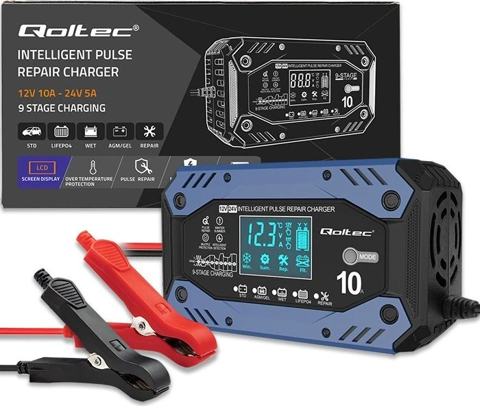 Qoltec 52482 vehicle battery charger 12/24 V Juodas, Mėlyna