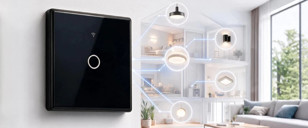 Qoltec 52711 Smart Touch 1-Gang Light Switch | Wi-Fi | Timer | Tuya | Smart Life | Tempered Glass | Juodas