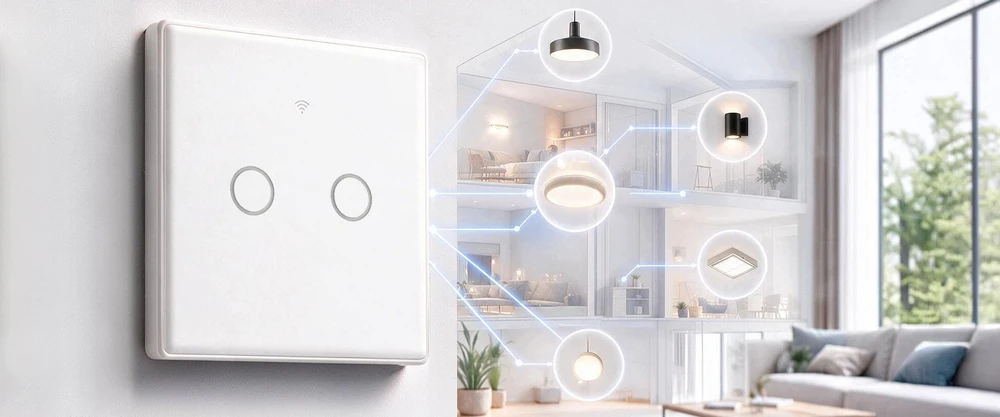 Qoltec 52716 išmanusis jutiklinis dvigubas šviesos jungiklis | Wi-Fi | Laikmatis | Tuya | Smart Life | Grūdintas stiklas | Baltas