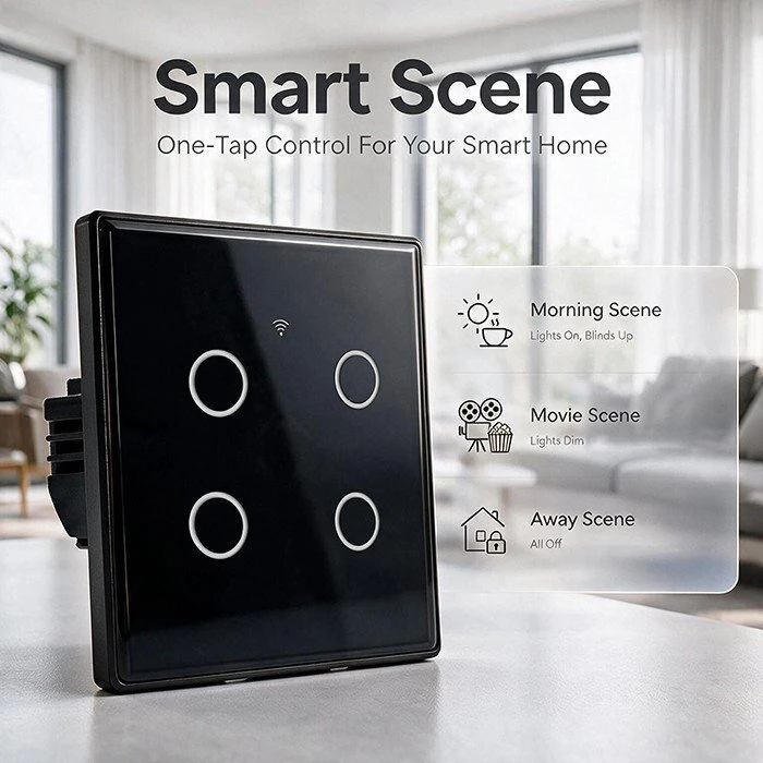 Qoltec Protingas 4 kanalų liečiamasis jungiklis šviesos išjungimui | Wi-Fi | Laikmatis | Tuya | Smart life | Grūdintas stiklas | Juodas