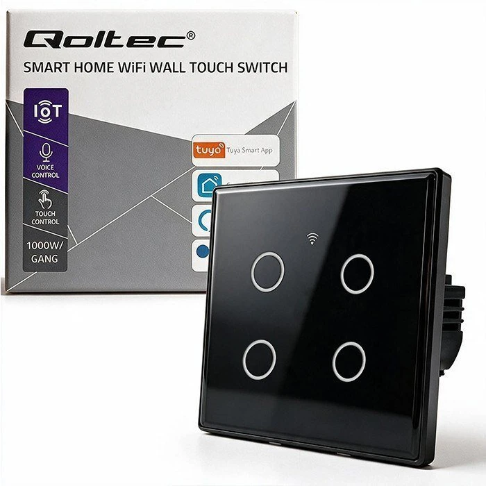 Qoltec Protingas 4 kanalų liečiamasis jungiklis šviesos išjungimui | Wi-Fi | Laikmatis | Tuya | Smart life | Grūdintas stiklas | Juodas