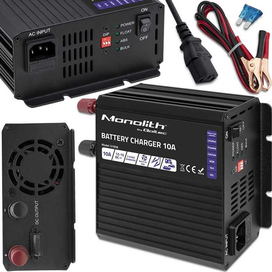 QOLTEC 51958 Smart Monolith įkroviklis LiFePO4 AGM GEL SLA akumuliatoriams / 10A / 12V