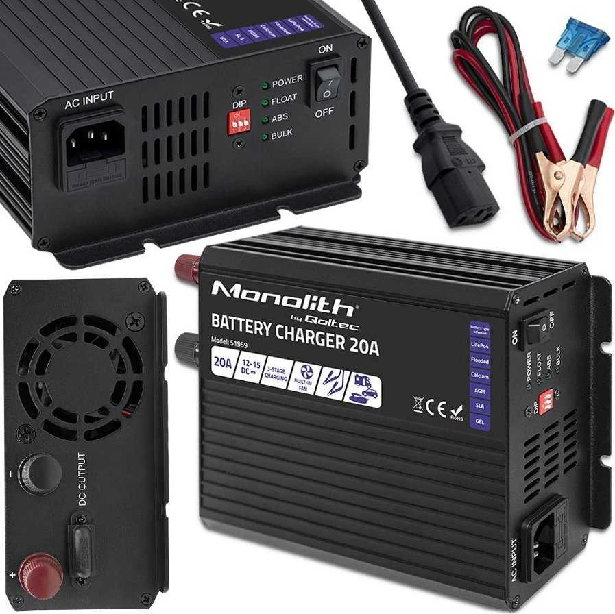 QOLTEC 51959 Smart Monolith įkroviklis LiFePO4 AGM GEL SLA akumuliatoriams / 20A / 12V
