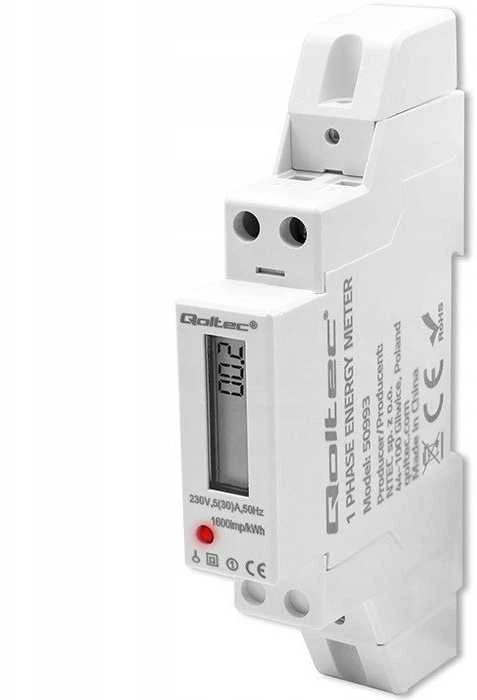 „Qoltec“ 1 fazės elektroninis skaitiklis | Energijos skaitiklis ant DIN bėgelio | 230 V | 30 A | LCD | 1P