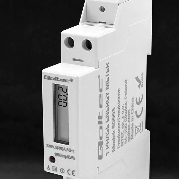 „Qoltec“ 1 fazės elektroninis skaitiklis | Energijos skaitiklis ant DIN bėgelio | 230 V | 30 A | LCD | 1P