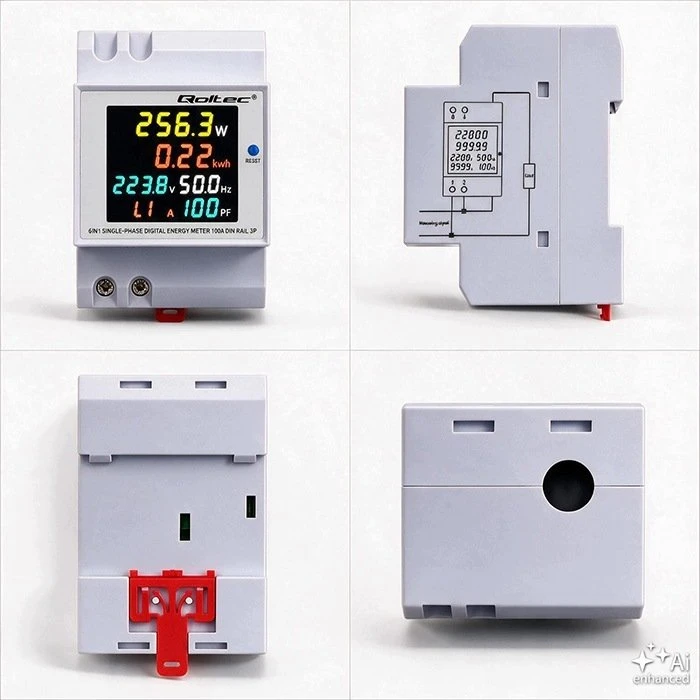 Qoltec Vienfazis skaitiklis 6v1 | energijos suvartojimo matuoklis ant DIN bėgelio | 230V | 100A | LCD | CT | 3P