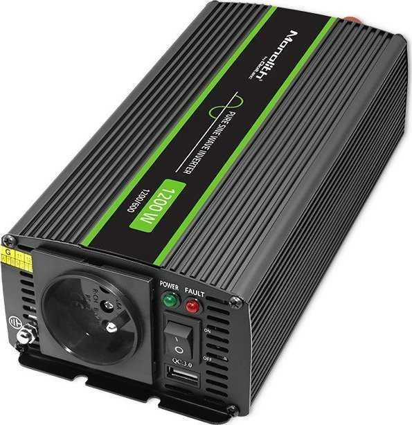 QOLTEC 51933 grynos sinusinės bangos keitiklis, monolitinis / 600 W / 1200 W / 12 V–230 V