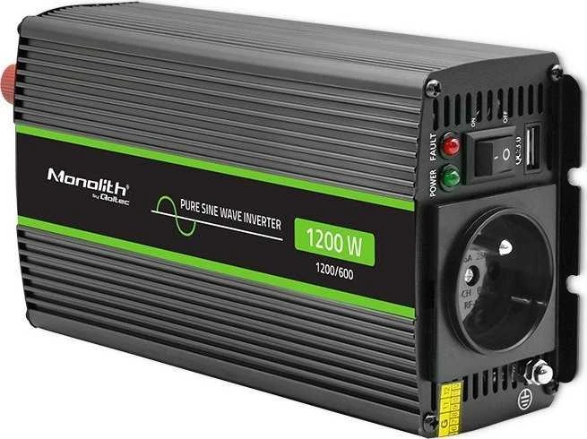QOLTEC 51933 grynos sinusinės bangos keitiklis, monolitinis / 600 W / 1200 W / 12 V–230 V