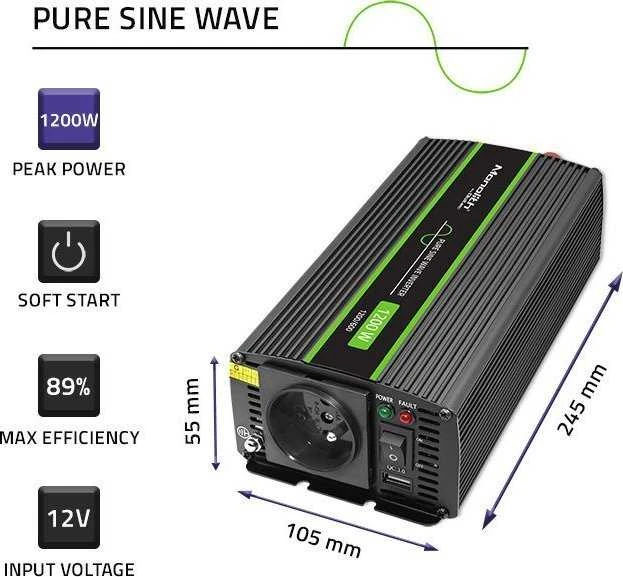 QOLTEC 51933 grynos sinusinės bangos keitiklis, monolitinis / 600 W / 1200 W / 12 V–230 V