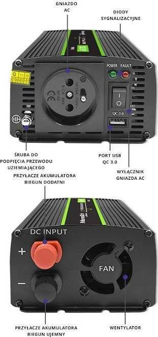 QOLTEC 51933 grynos sinusinės bangos keitiklis, monolitinis / 600 W / 1200 W / 12 V–230 V
