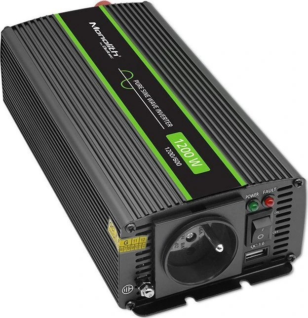 QOLTEC 51933 grynos sinusinės bangos keitiklis, monolitinis / 600 W / 1200 W / 12 V–230 V