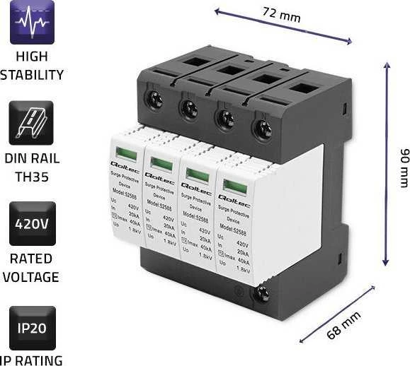 QOLTEC 52588 kintamosios srovės viršįtampio iškroviklis / 4P / 420V / T2 / BC