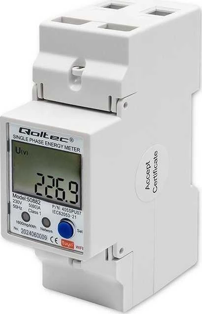 „Qoltec“ 1 fazės elektroninis skaitiklis | Energijos skaitiklis ant DIN bėgelio | „Wi-Fi“ | TUYA | 230 V | LCD