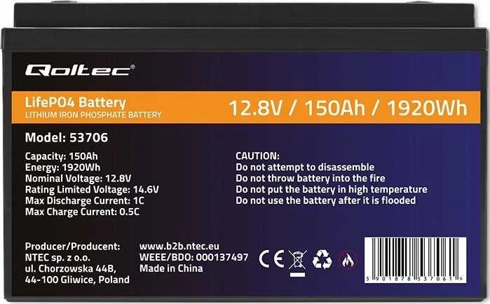 Qoltec LiFePO4 ličio geležies fosfato akumuliatorius | 12,8 V | 150 Ah | 1920 Wh | BMS