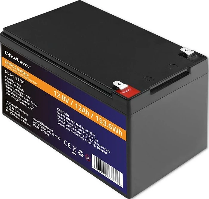 QOLTEC 53701 LiFePO4 ličio geležies fosfato baterija / 12,8V / 12Ah / 153,6Wh / BMS