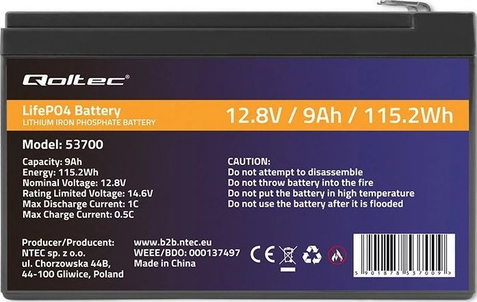 QOLTEC 53700 LiFePO4 ličio geležies fosfato baterija / 12,8V / 9Ah / 115,2Wh / BMS