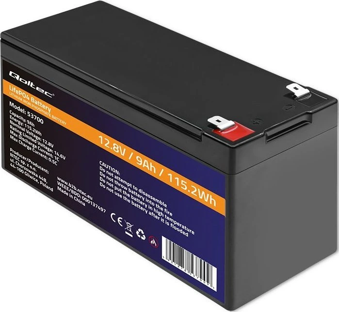 QOLTEC 53700 LiFePO4 ličio geležies fosfato baterija / 12,8V / 9Ah / 115,2Wh / BMS