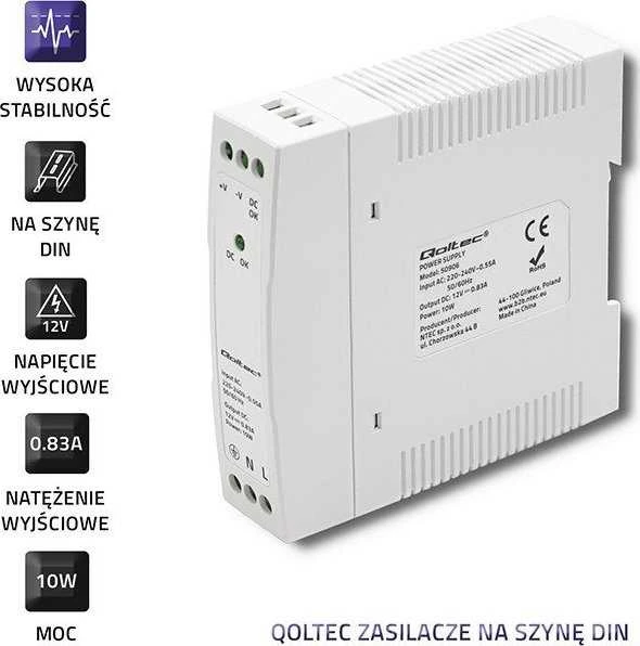 Maitinimo šaltinis skirtas bėgiui din 10 W 12 V 083 A baltas plonas Qoltec