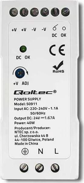 QOLTEC 50911 DIN bėgio maitinimo šaltinis 40W 24V 1.67A Baltas Slim