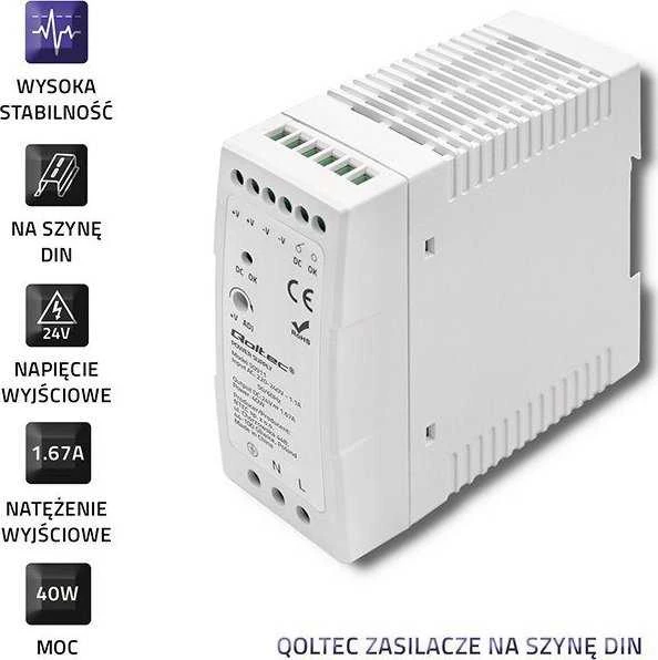 QOLTEC 50911 DIN bėgio maitinimo šaltinis 40W 24V 1.67A Baltas Slim
