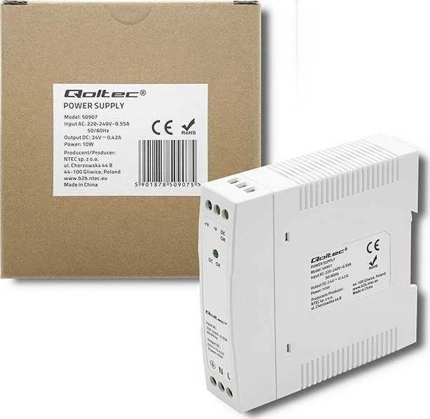 QOLTEC 50907 DIN bėgio maitinimo šaltinis 10W 24V 0.42A Baltas Slim