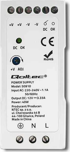 Qoltec DIN bėgelio maitinimo šaltinis 40W 12V 3.33A baltas plonas