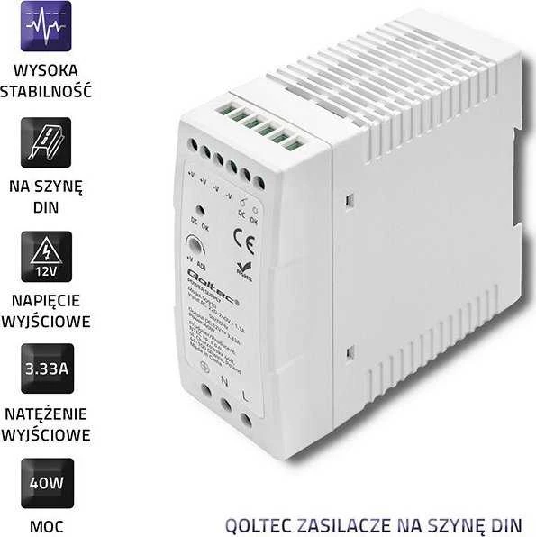 Qoltec DIN bėgelio maitinimo šaltinis 40W 12V 3.33A baltas plonas