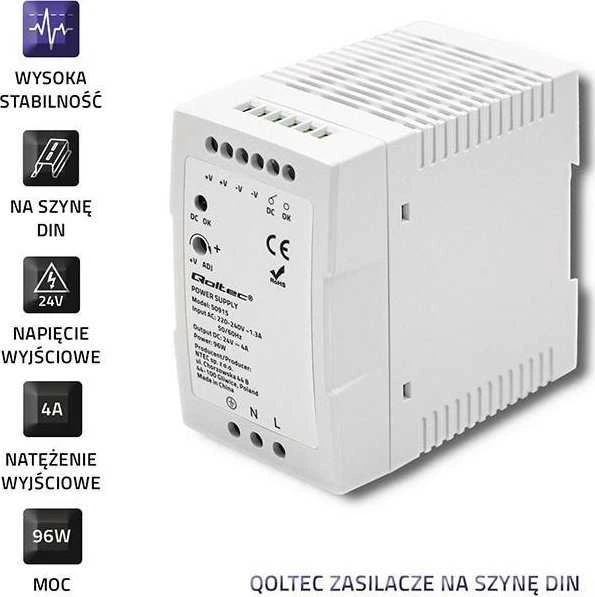 Qoltec DIN bėgelio maitinimo šaltinis 96W 24V 4A baltas plonas