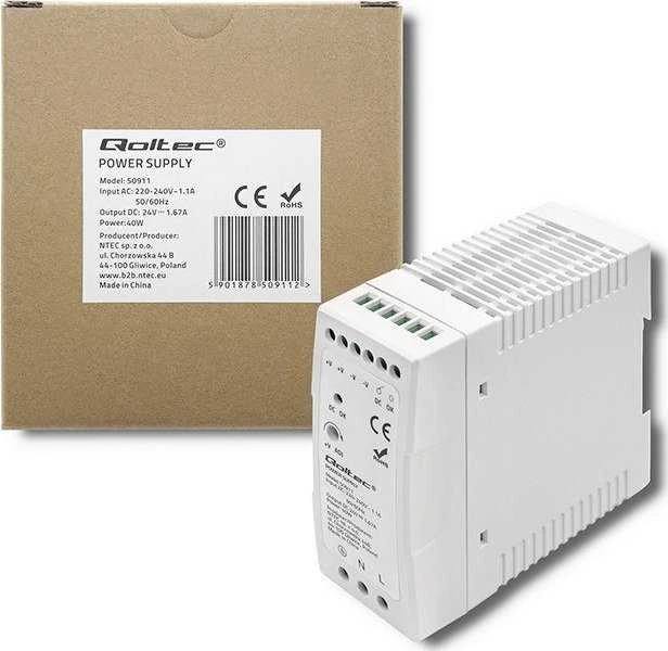 QOLTEC 50911 DIN bėgio maitinimo šaltinis 40W 24V 1.67A Baltas Slim
