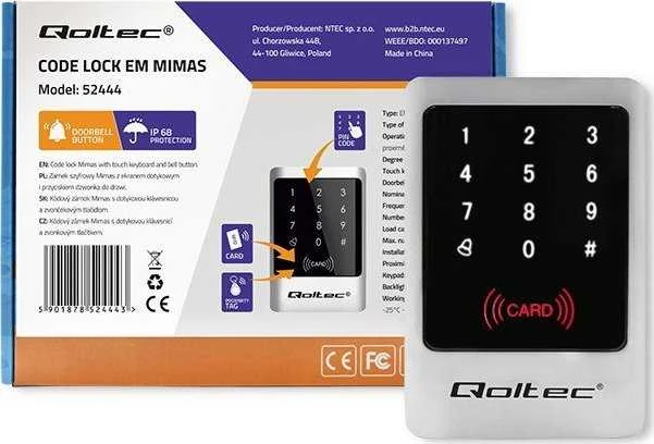 QOLTEC 52444 Kodinė spyna MIMAS su RFID skaitytuvu Kodų kortelės rakto pakabukas Durų skambučio mygtukas IP68 EM