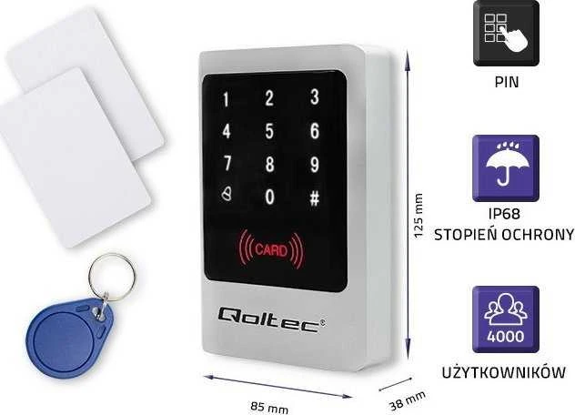 QOLTEC 52444 Kodinė spyna MIMAS su RFID skaitytuvu Kodų kortelės rakto pakabukas Durų skambučio mygtukas IP68 EM