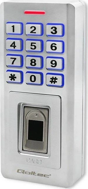 QOLTEC 52447 Kodinė spyna OBERON su pirštų atspaudų skaitytuvu RFID kodų kortelės rakto pakabukas durų skambutis IP68 EM