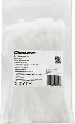 QOLTEC 52242 savaime užsifiksuojantis kabelinis raištelis 4,8x160 mm, nailonas, UV Baltas