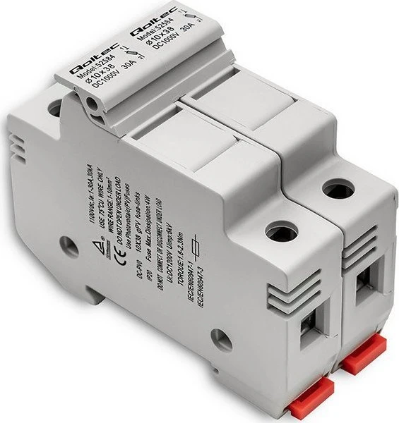 QOLTEC 52584 Saugiklio pagrindas Nuolatinės srovės saugiklis / 2P / 1000V / 30A / 10x38 / saulės