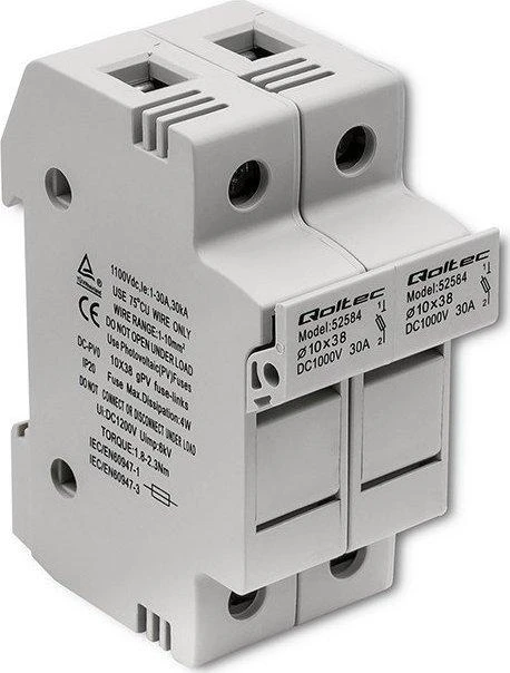 QOLTEC 52584 Saugiklio pagrindas Nuolatinės srovės saugiklis / 2P / 1000V / 30A / 10x38 / saulės